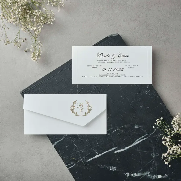 Script Wedding Invitation with Gold Laurel Wreath