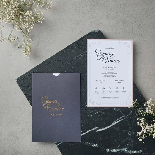 Navy Box Wedding Invitation with Timeline Icons