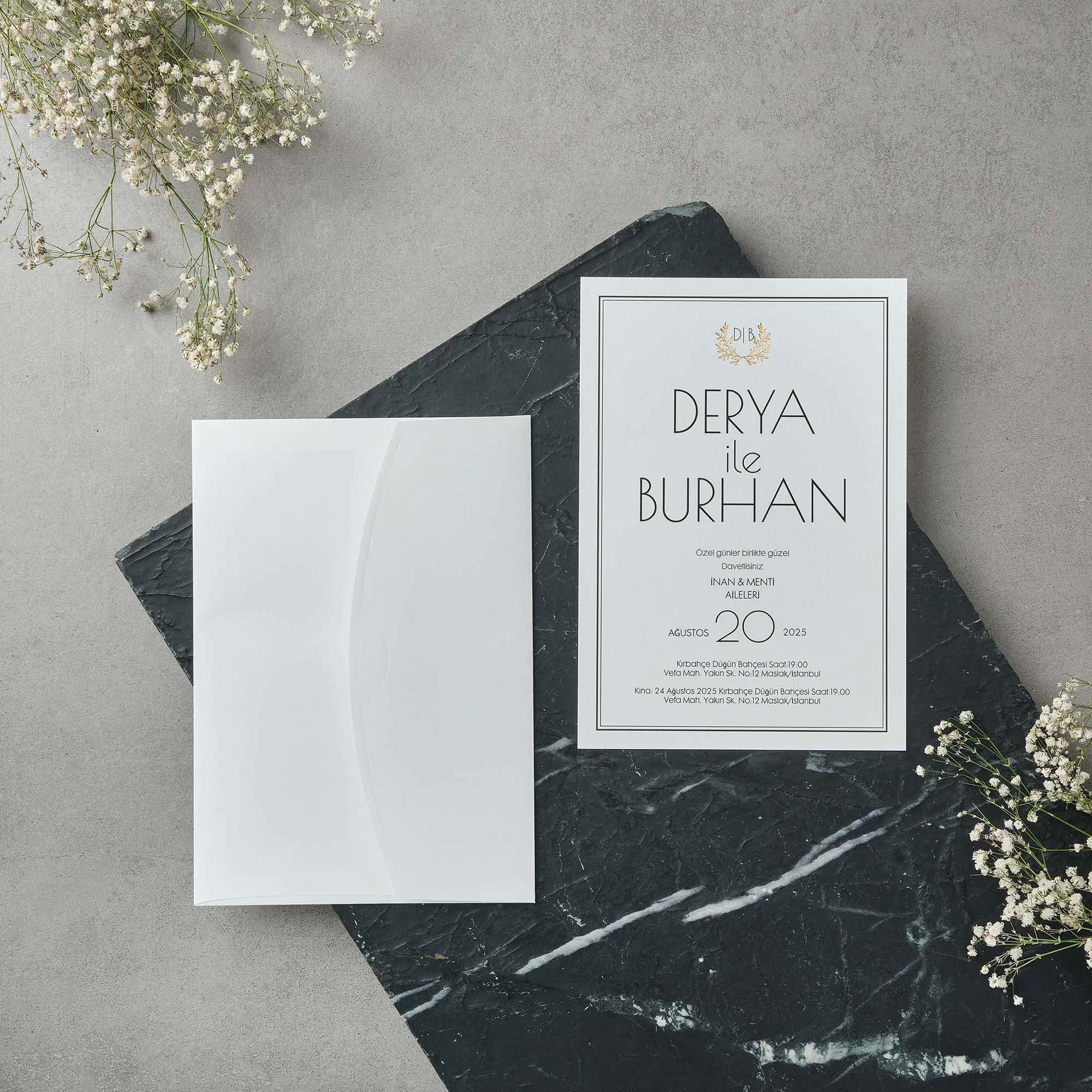 Gold Laurel Wreath Frame Wedding Invitation