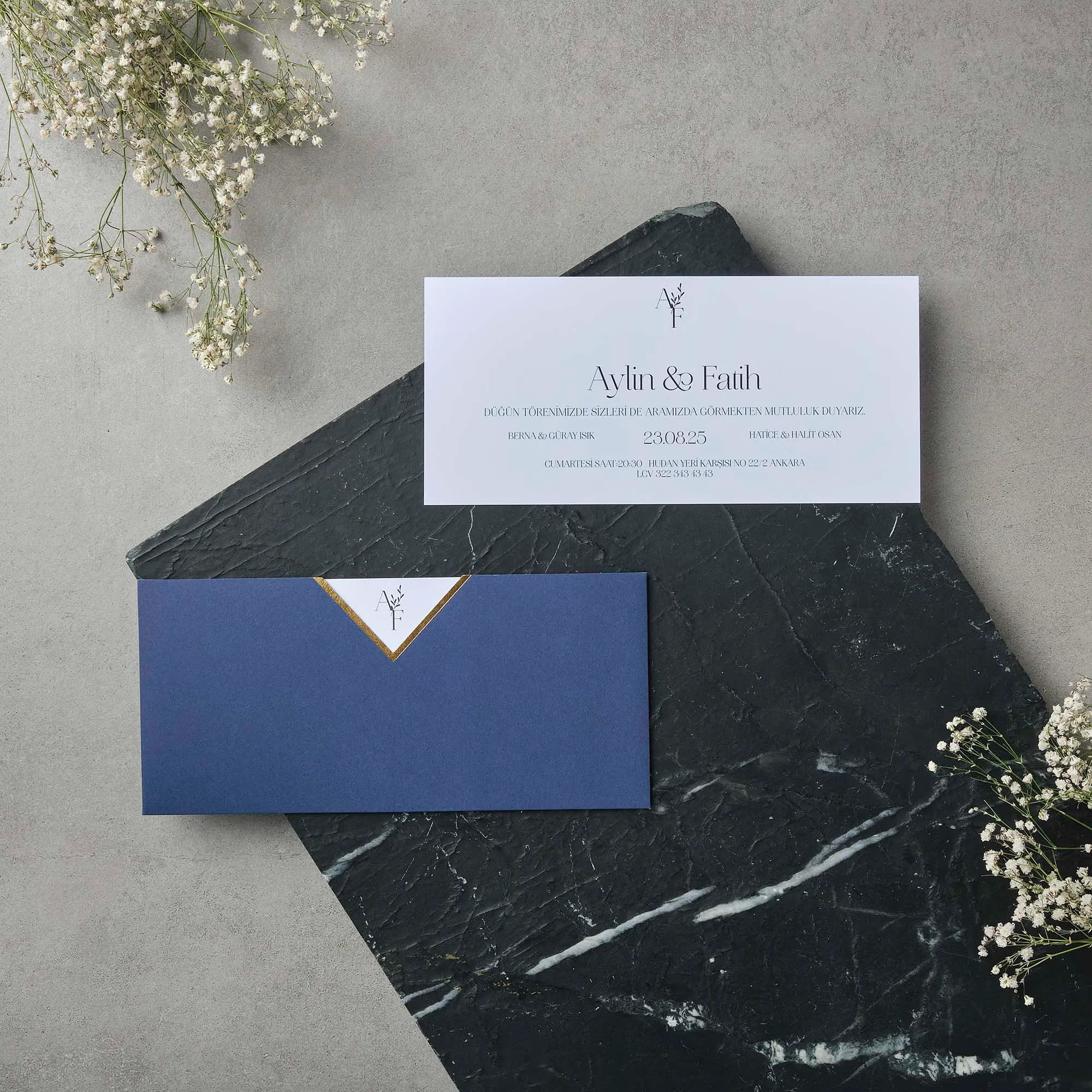 Navy Envelope Wedding Invitation with Gold Chevron