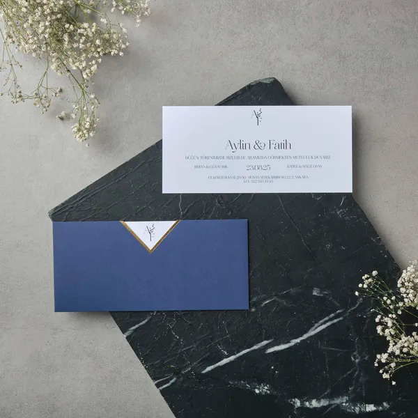 Navy Envelope Wedding Invitation with Gold Chevron