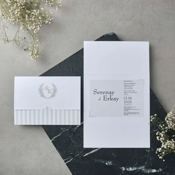 Striped Envelope Wedding Invitation with Laurel Wreath