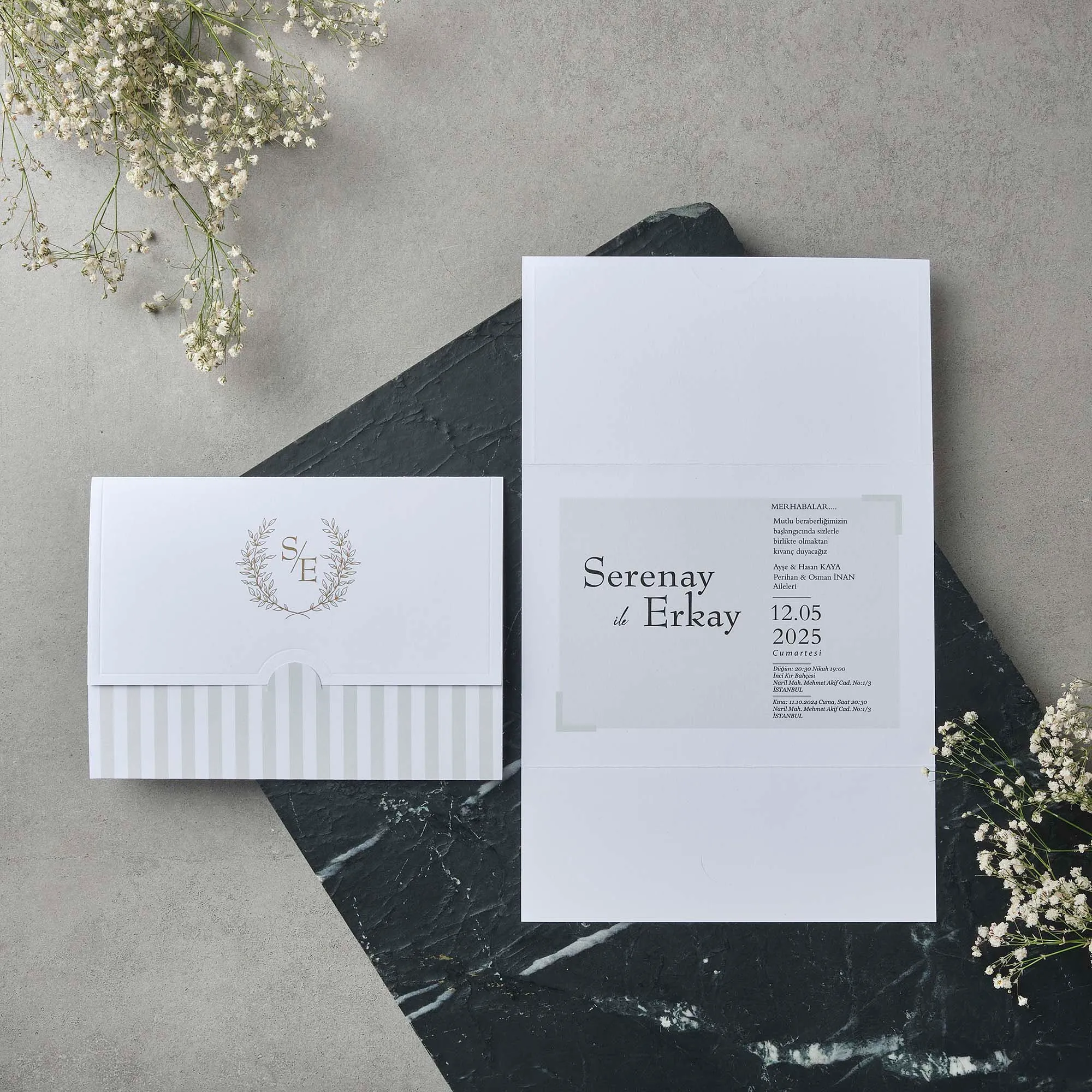 Striped Envelope Wedding Invitation with Laurel Wreath