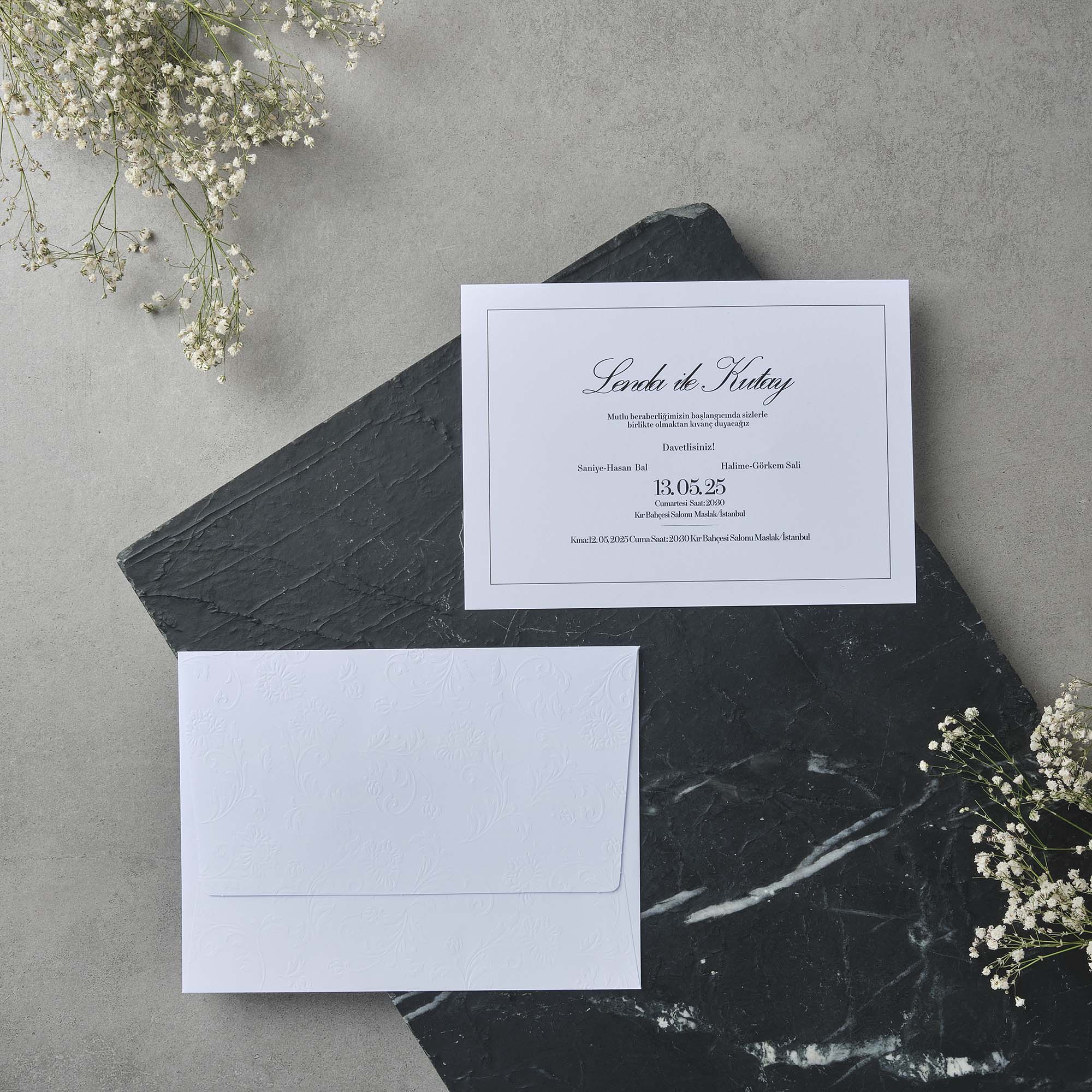 Script Wedding Invitation with Floral Embossed Envelope