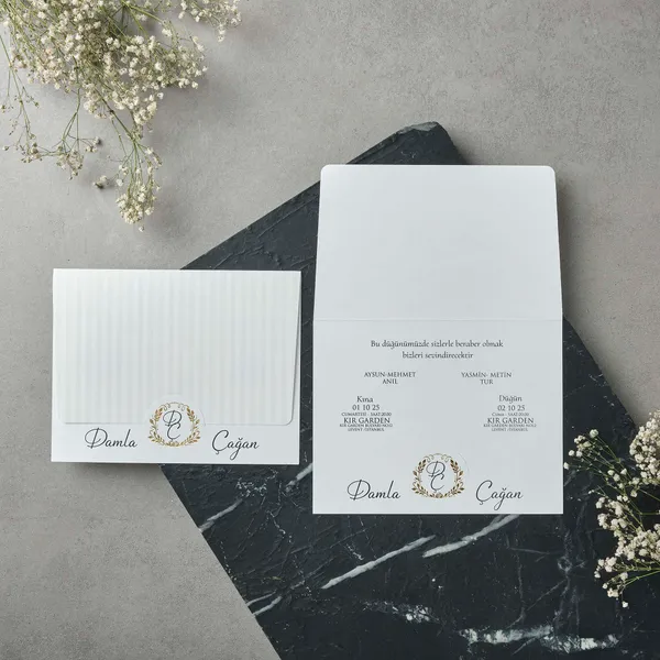 Bifold Wedding Invitation with Gold Laurel Monogram