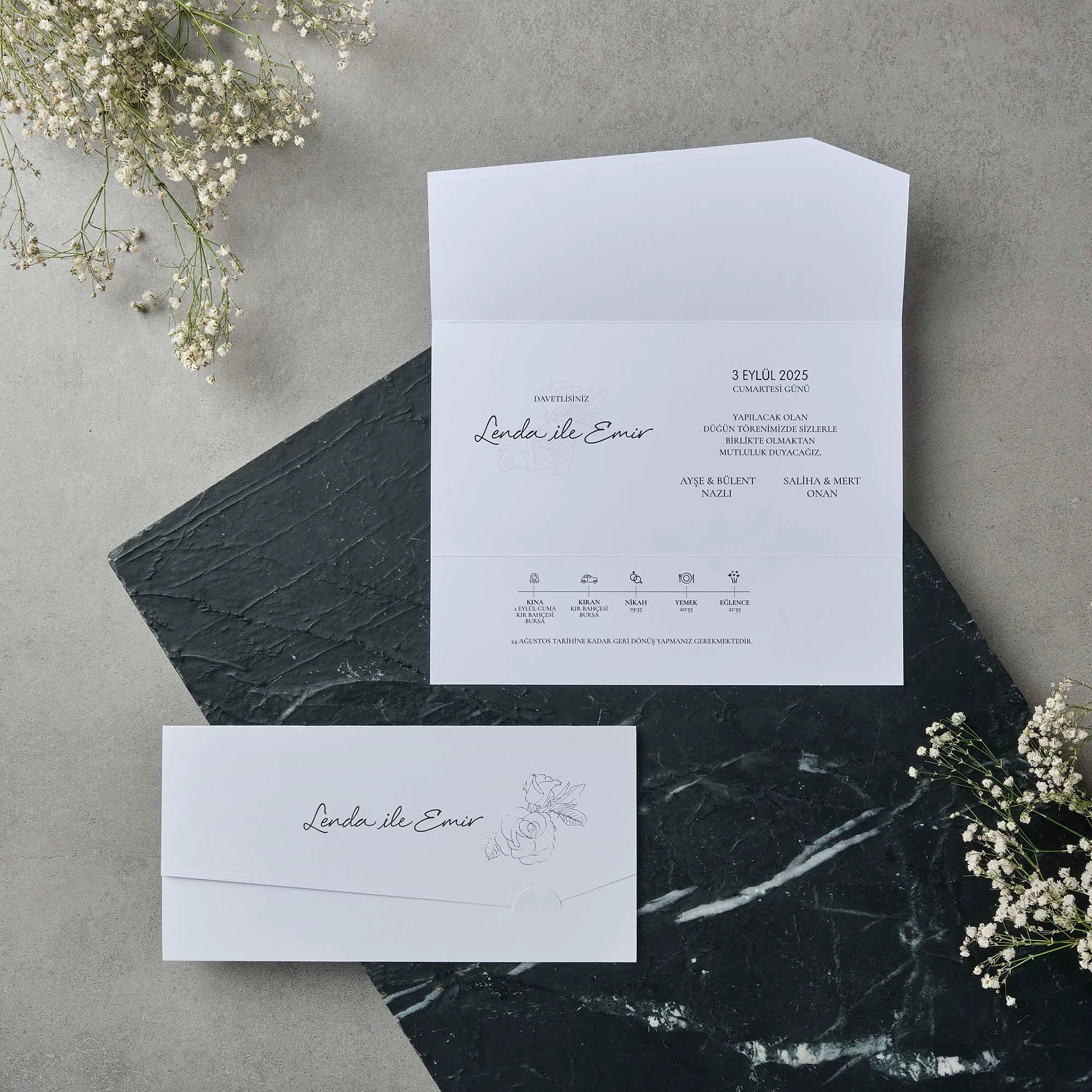 Gatefold Wedding Invitation with Rose Illustration