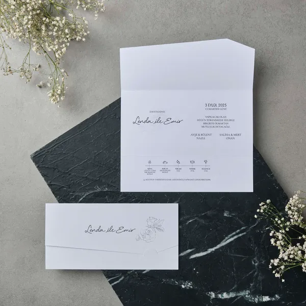 Gatefold Wedding Invitation with Rose Illustration