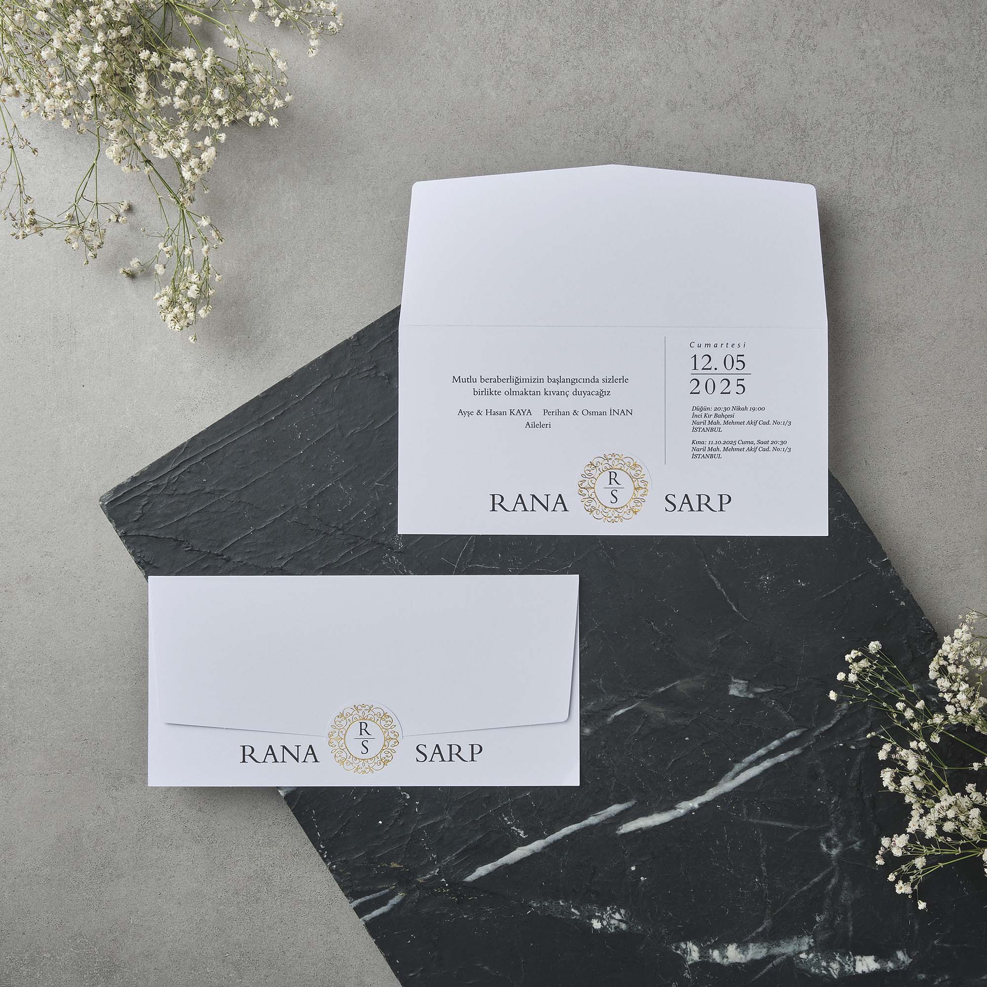 Gatefold Wedding Invitation with Gold Laurel Crest