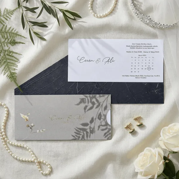 Calendar Wedding Invitation with Cotton Flowers