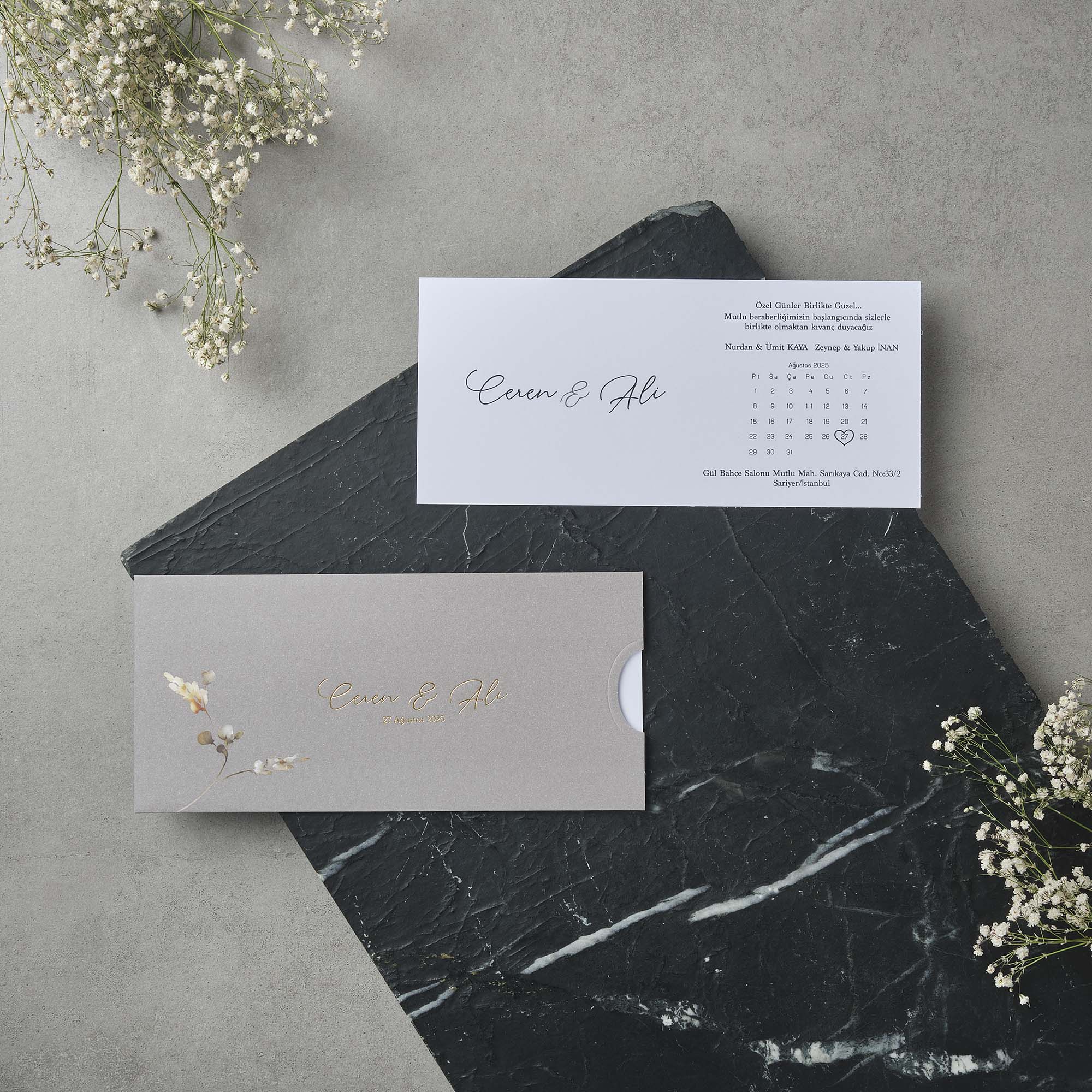 Calendar Wedding Invitation with Cotton Flowers