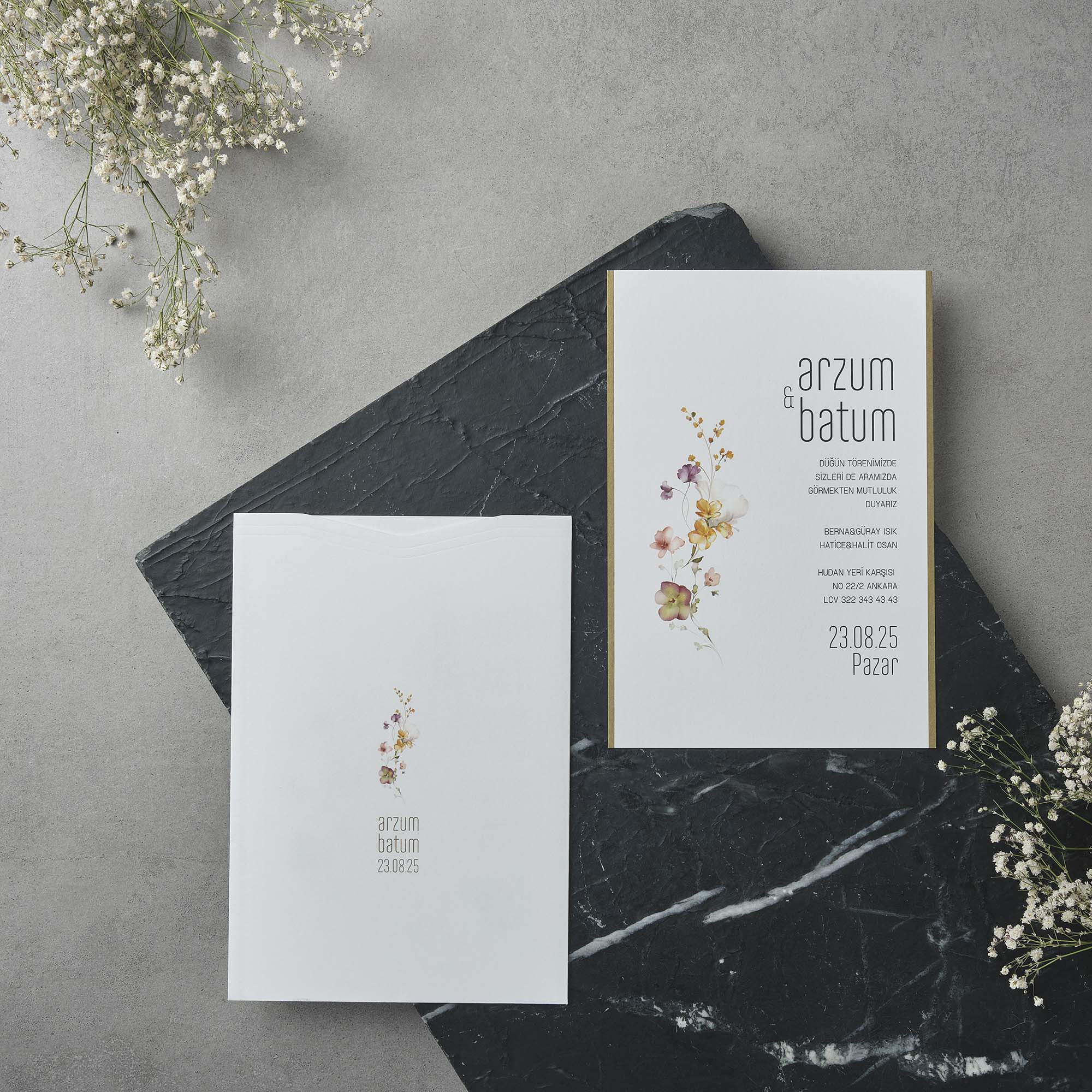 Gold Border Frame Wedding Invitation with Wildflowers