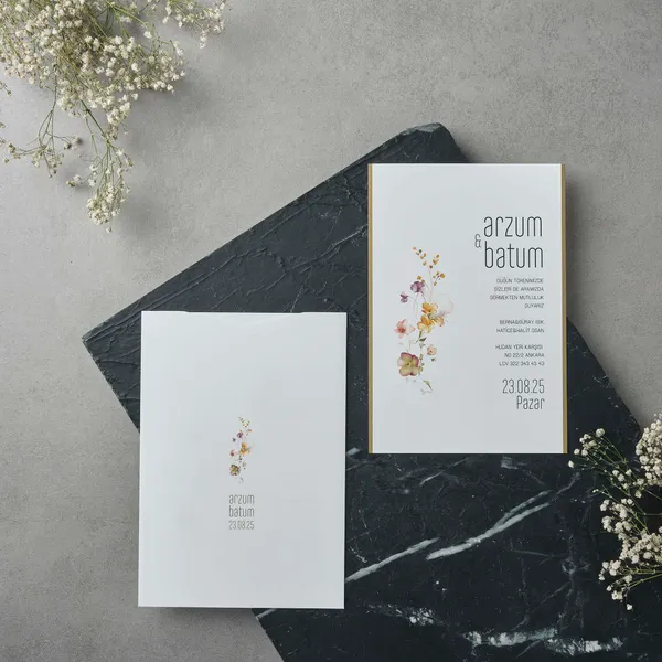 Gold Border Frame Wedding Invitation with Wildflowers