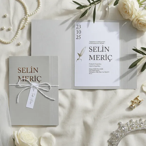 Gatefold Wedding Invitation with Ribbon and Tag