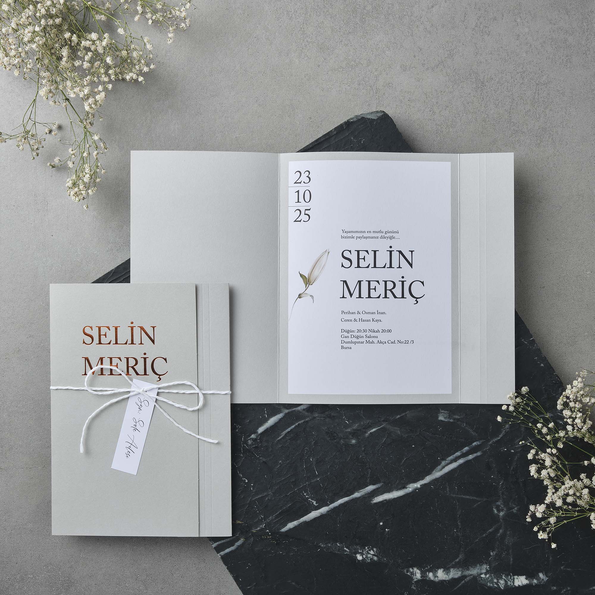 Gatefold Wedding Invitation with Ribbon and Tag