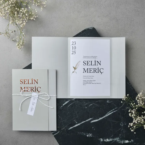 Gatefold Wedding Invitation with Ribbon and Tag