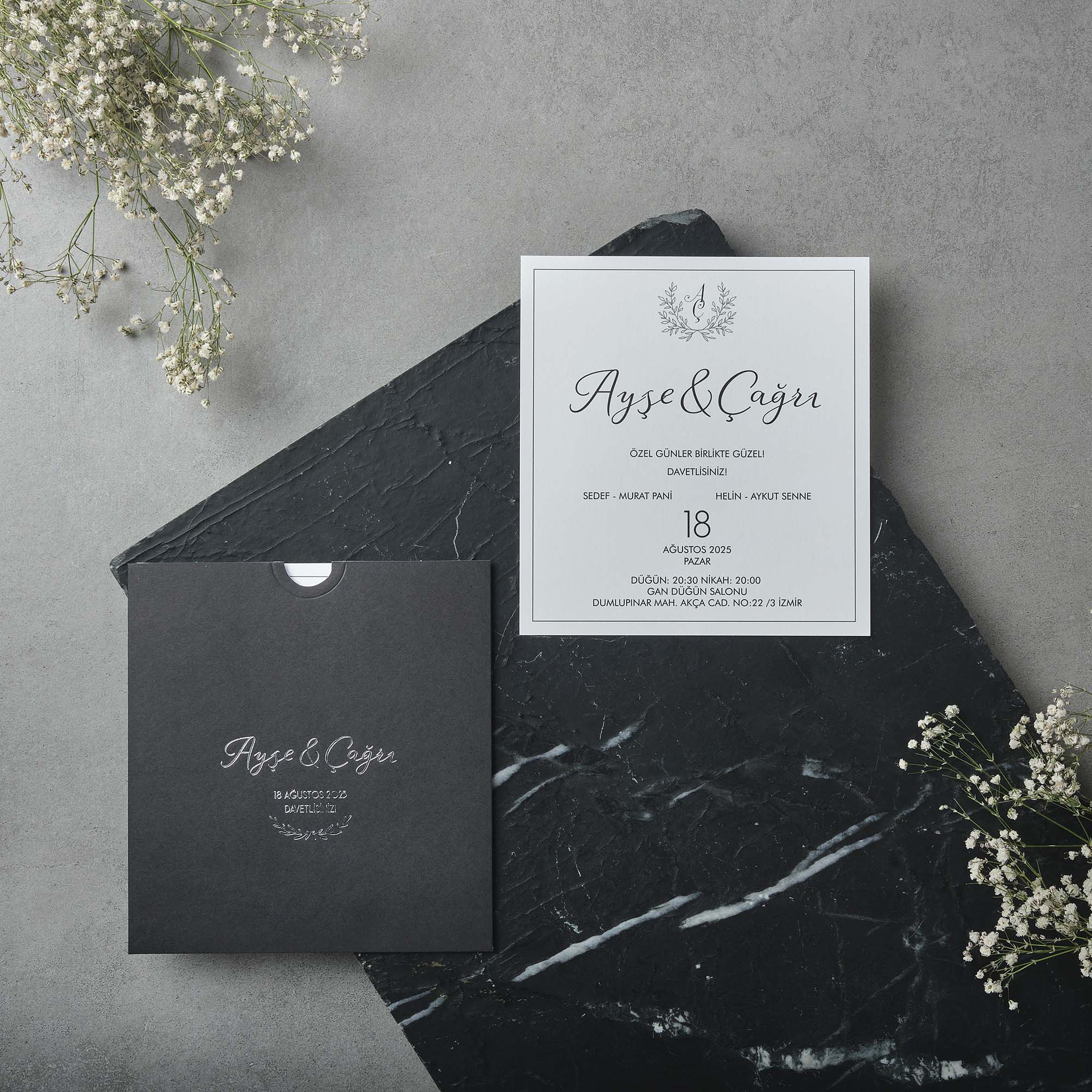 White and Black Wedding Invitation with Laurel Monogram