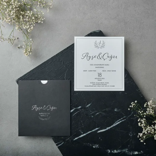 White and Black Wedding Invitation with Laurel Monogram