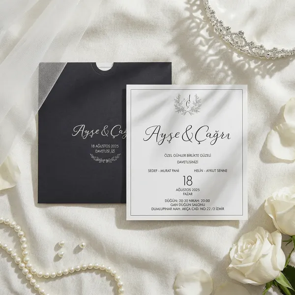 White and Black Wedding Invitation with Laurel Monogram