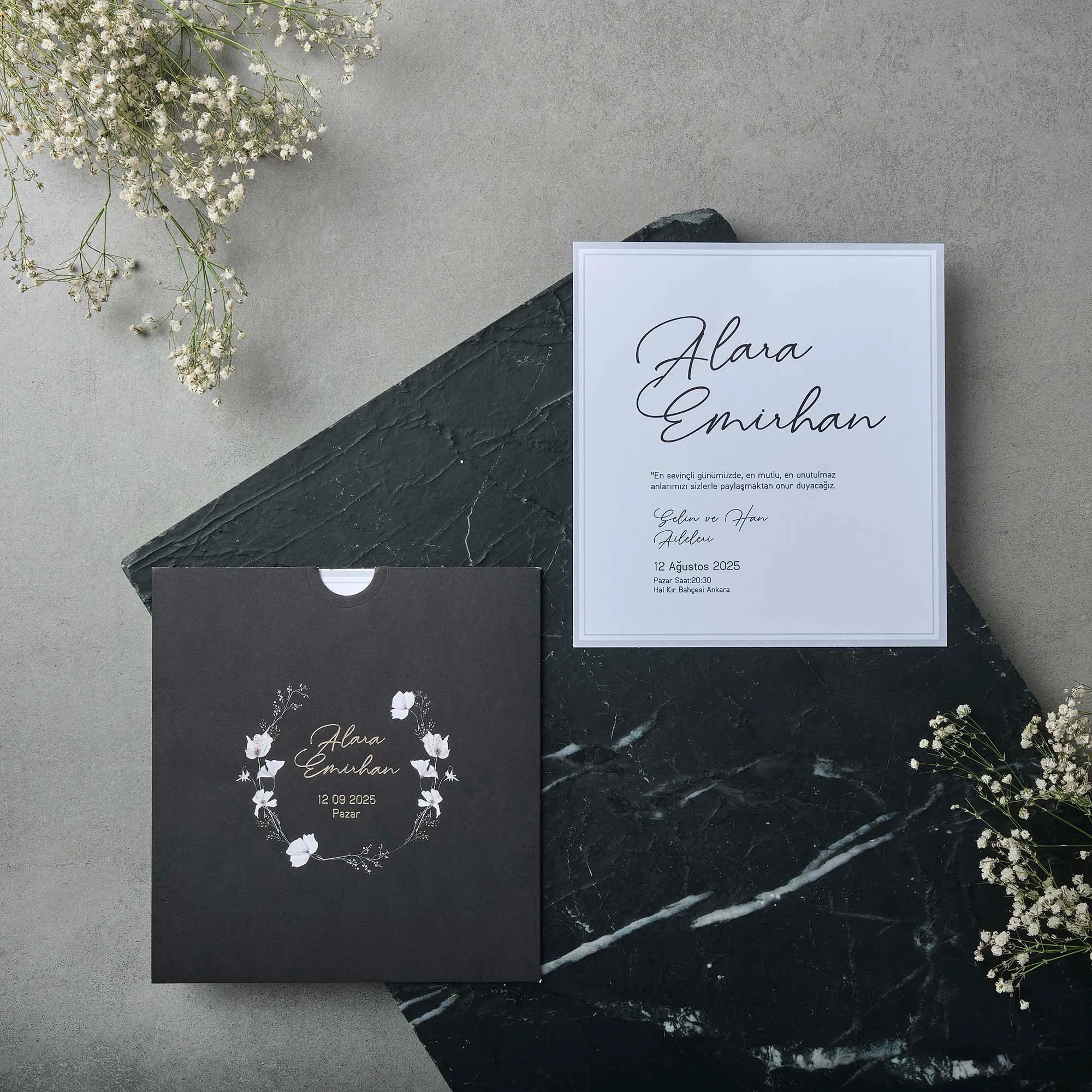 Black Envelope Wedding Invitation with Floral Wreath