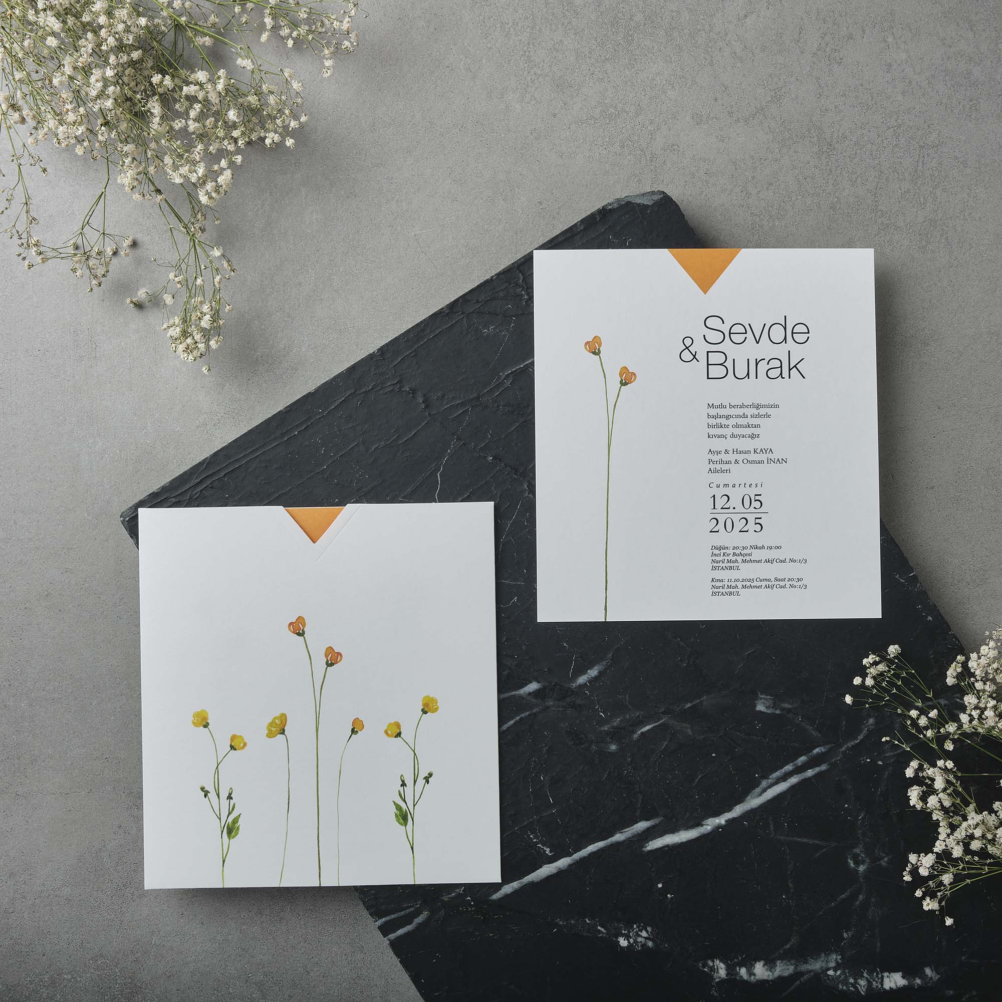 Bifold Wildflower Wedding Invitation with Orange Accent