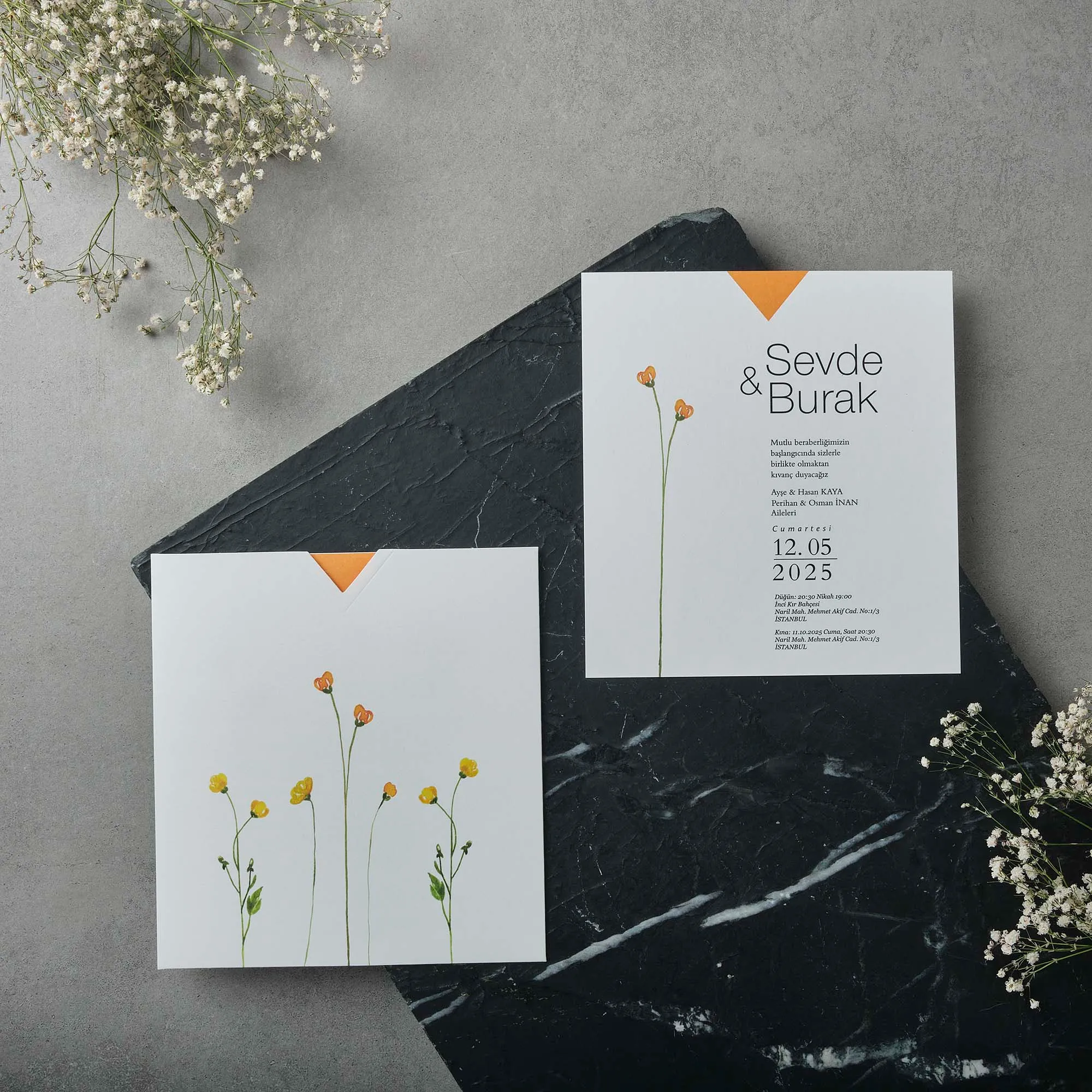Bifold Wildflower Wedding Invitation with Orange Accent