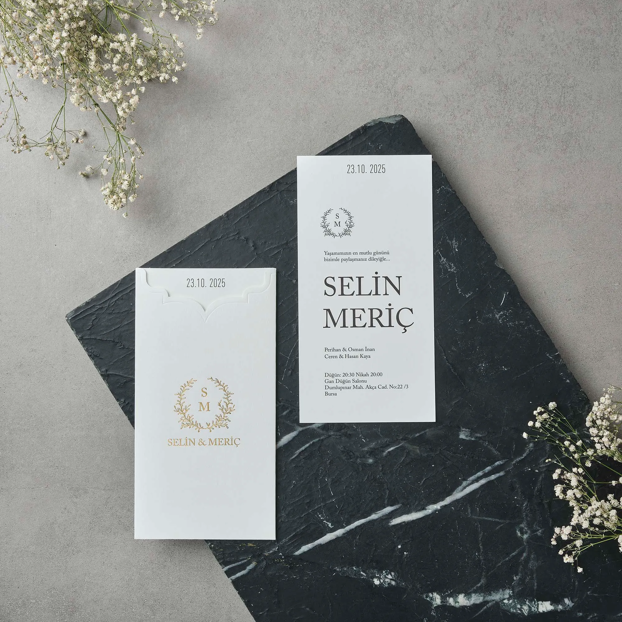 Gold Laurel Wreath Monogram Wedding Invitation