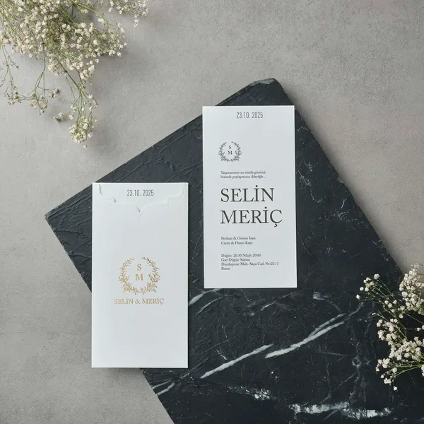 Gold Laurel Wreath Monogram Wedding Invitation