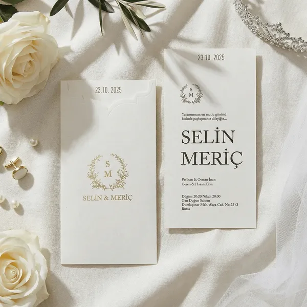 Gold Laurel Wreath Monogram Wedding Invitation