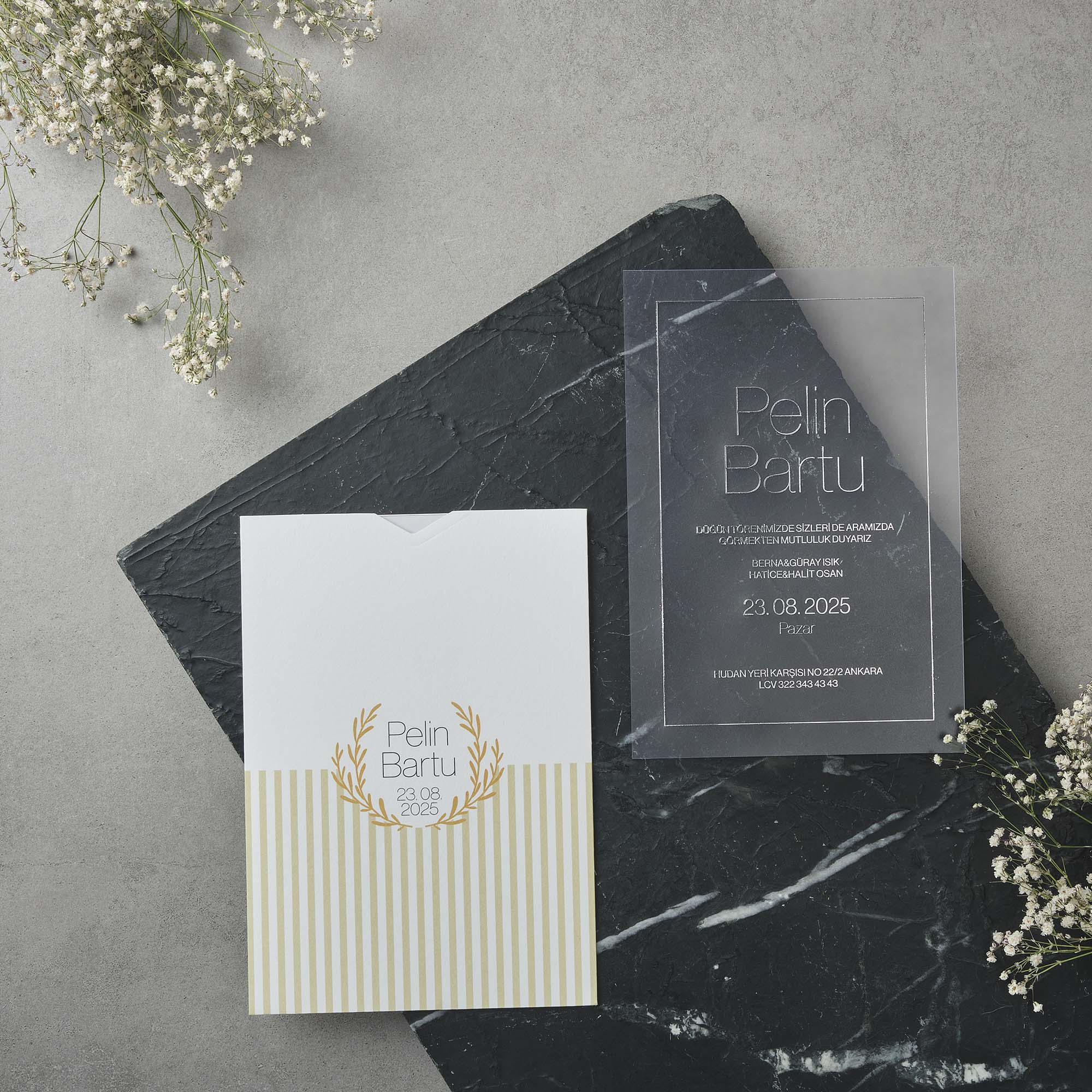 Vellum Overlay Wedding Invitation with Gold Stripes