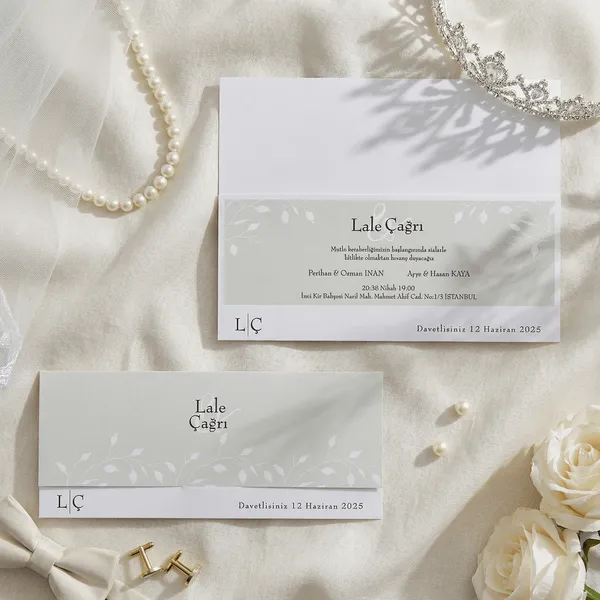 Horizontal Wedding Invitation with Botanical Leaf Pattern