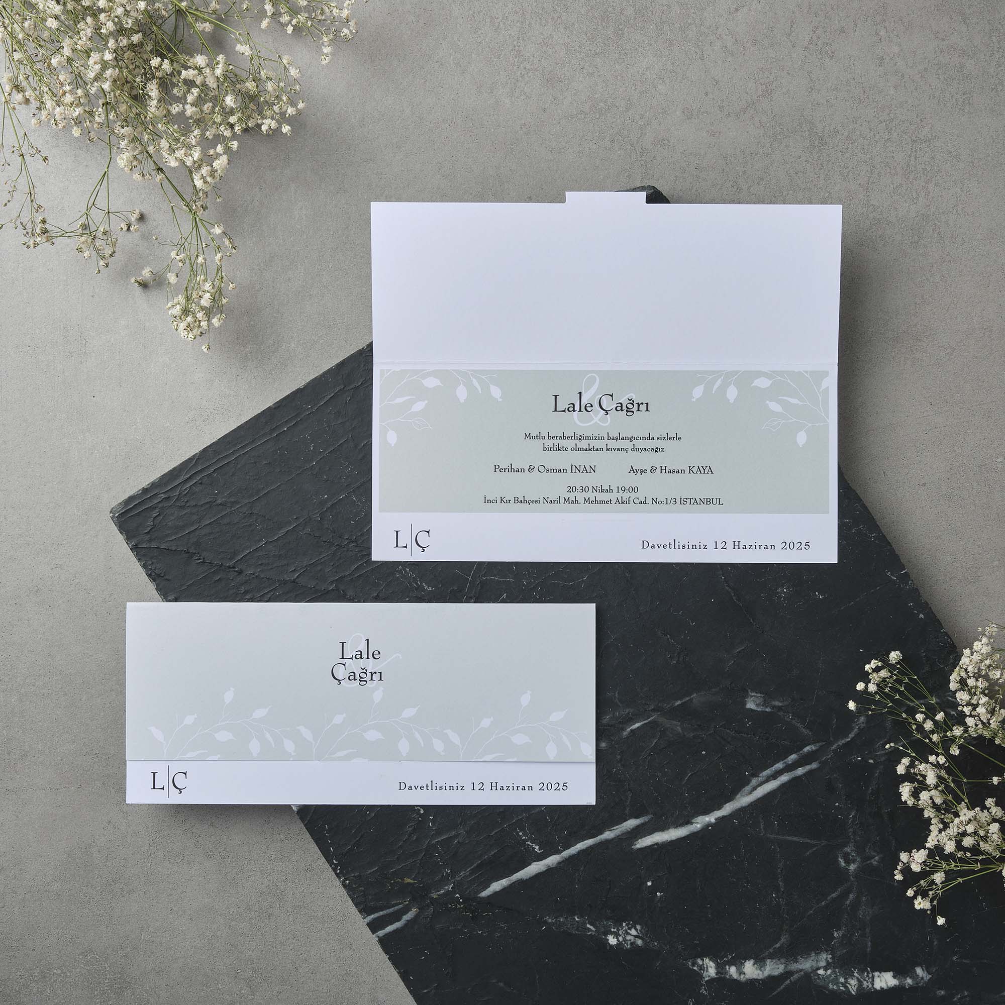 Horizontal Wedding Invitation with Botanical Leaf Pattern