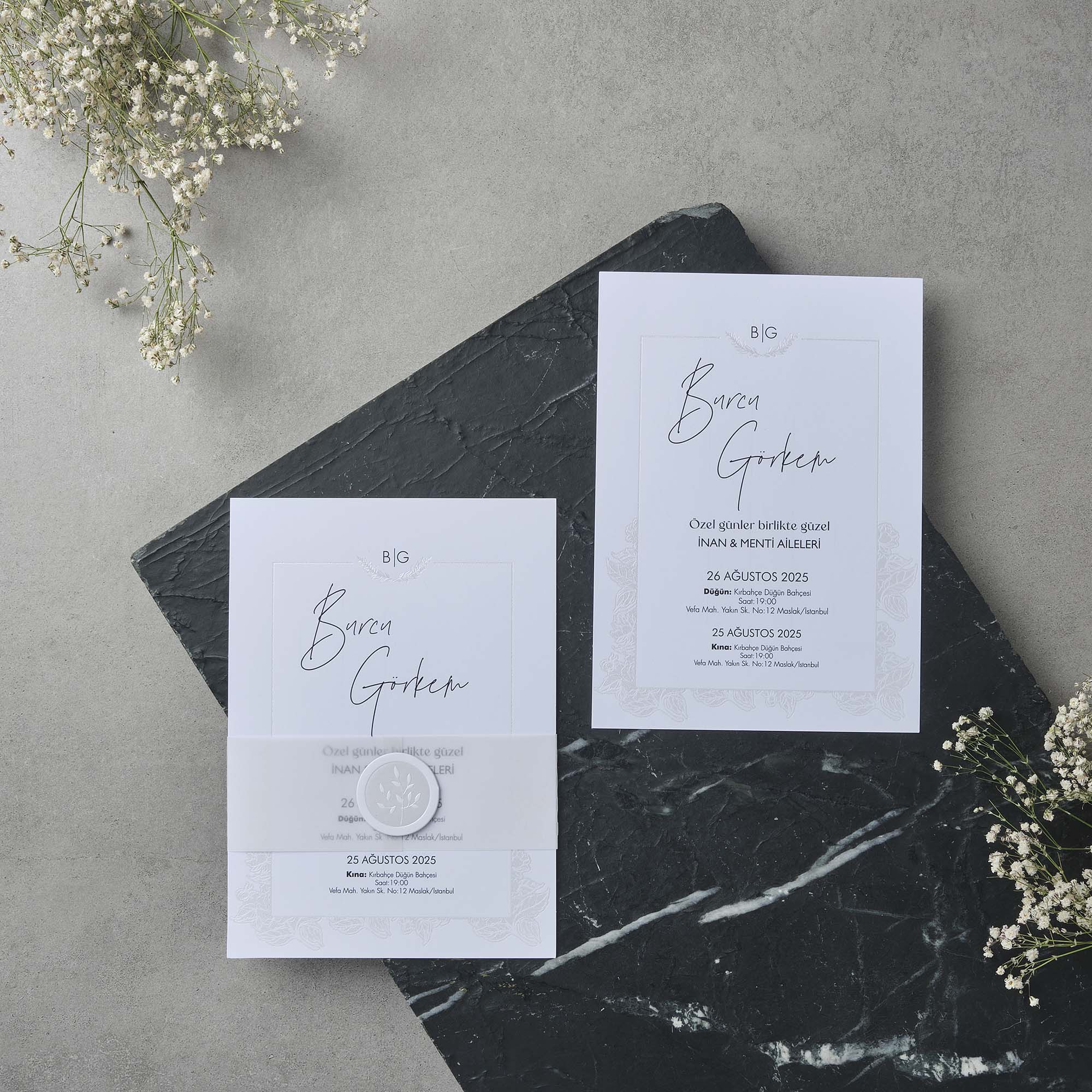 Vellum Overlay Wedding Invitation with White Wax Seal