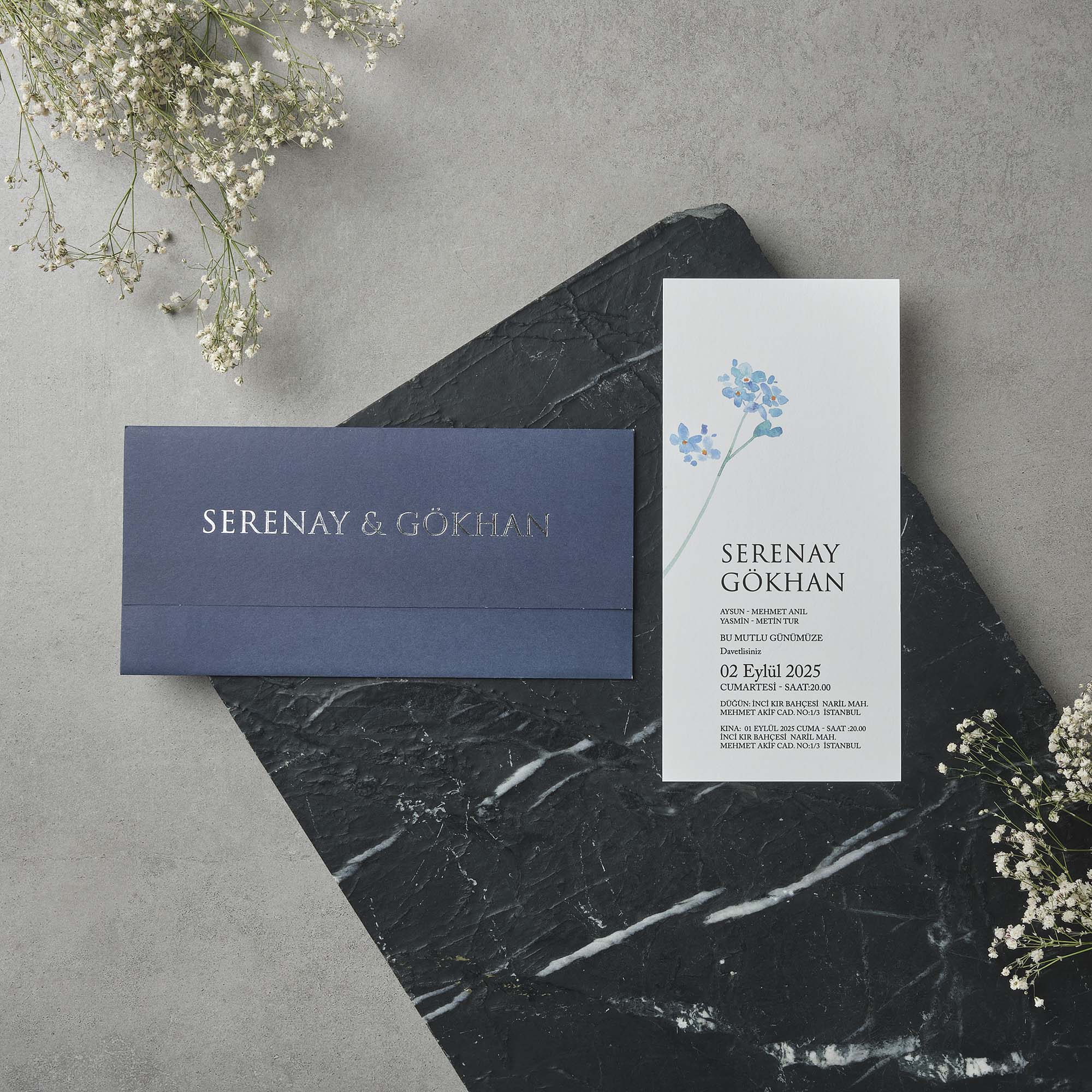 Navy Envelope Wedding Invitation with Blue Hydrangea
