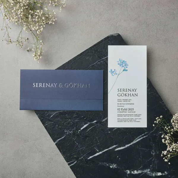 Navy Envelope Wedding Invitation with Blue Hydrangea