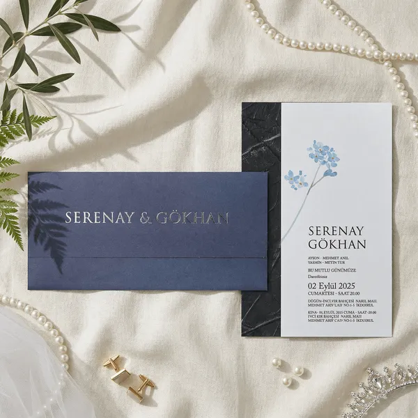 Navy Envelope Wedding Invitation with Blue Hydrangea