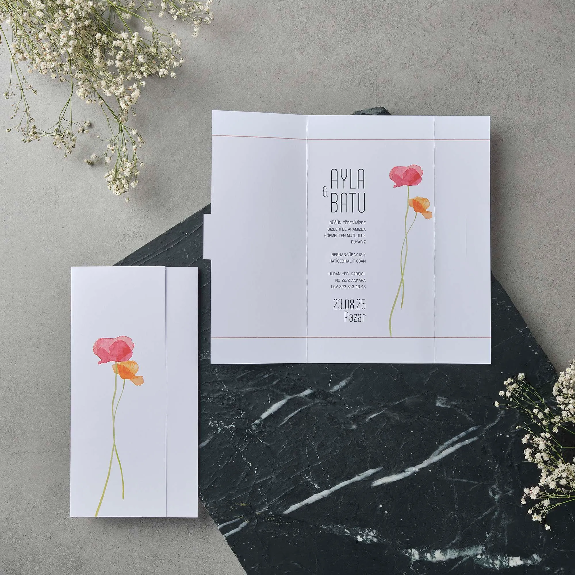 Gatefold Wedding Invitation with Watercolor Poppies