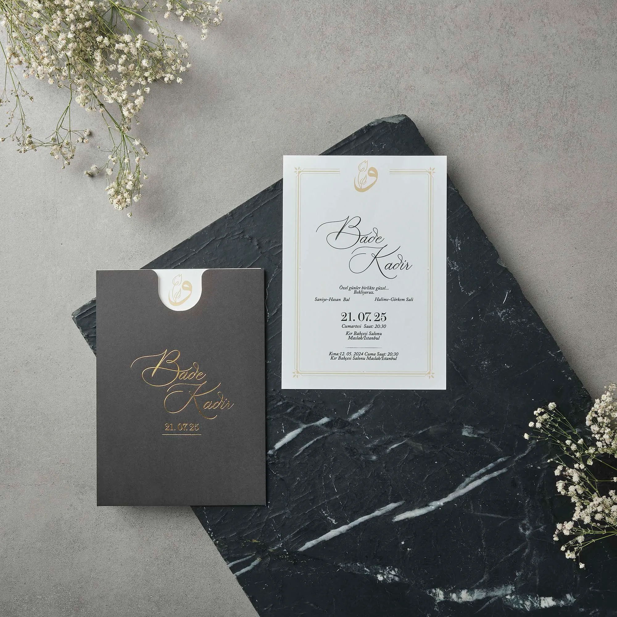 Charcoal Envelope Wedding Invitation with Gold Arabic Calligraphy