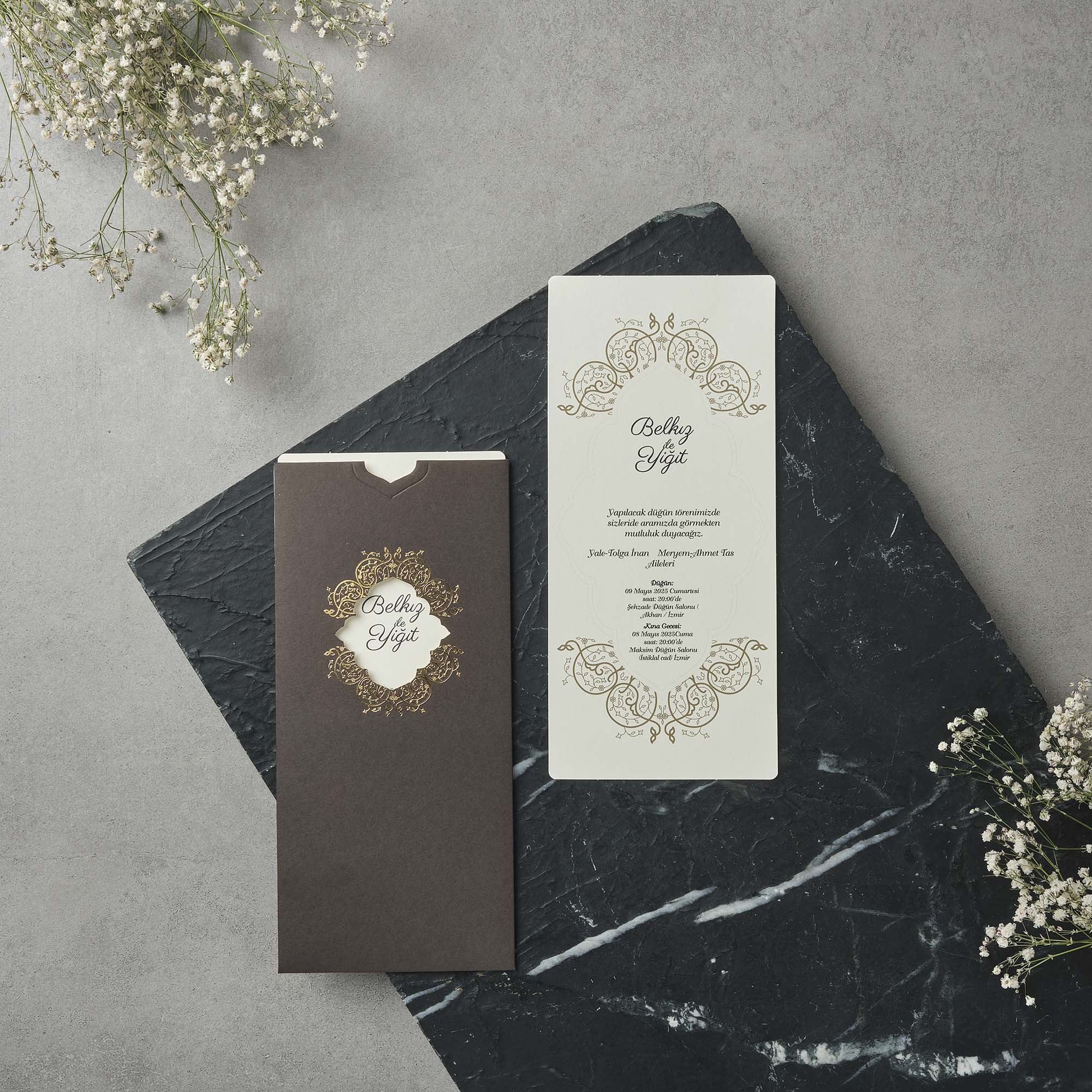 Brown Envelope Wedding Invitation with Gold Ornate Frame