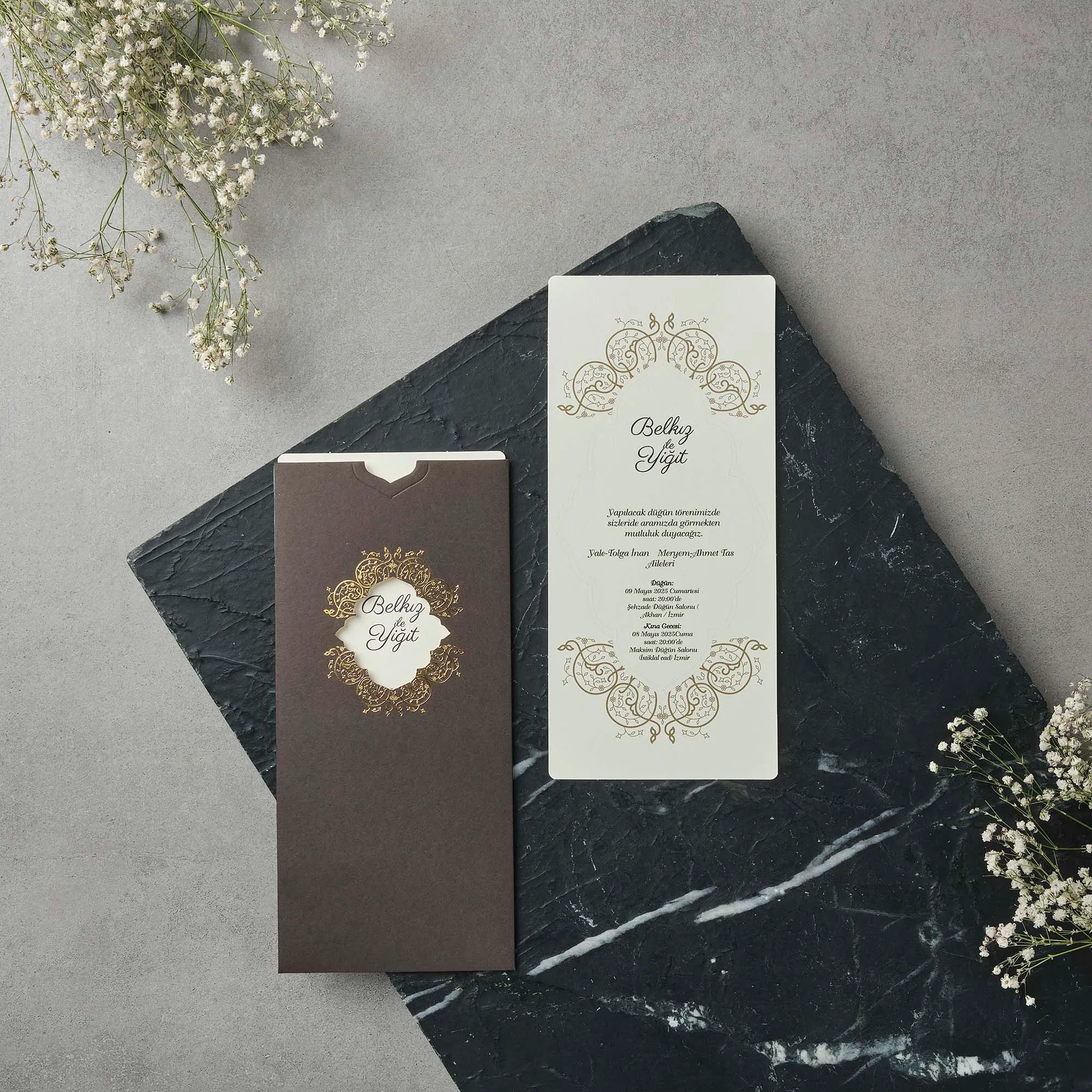 Brown Envelope Wedding Invitation with Gold Ornate Frame