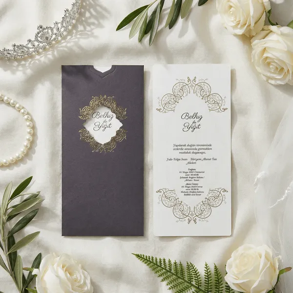 Brown Envelope Wedding Invitation with Gold Ornate Frame