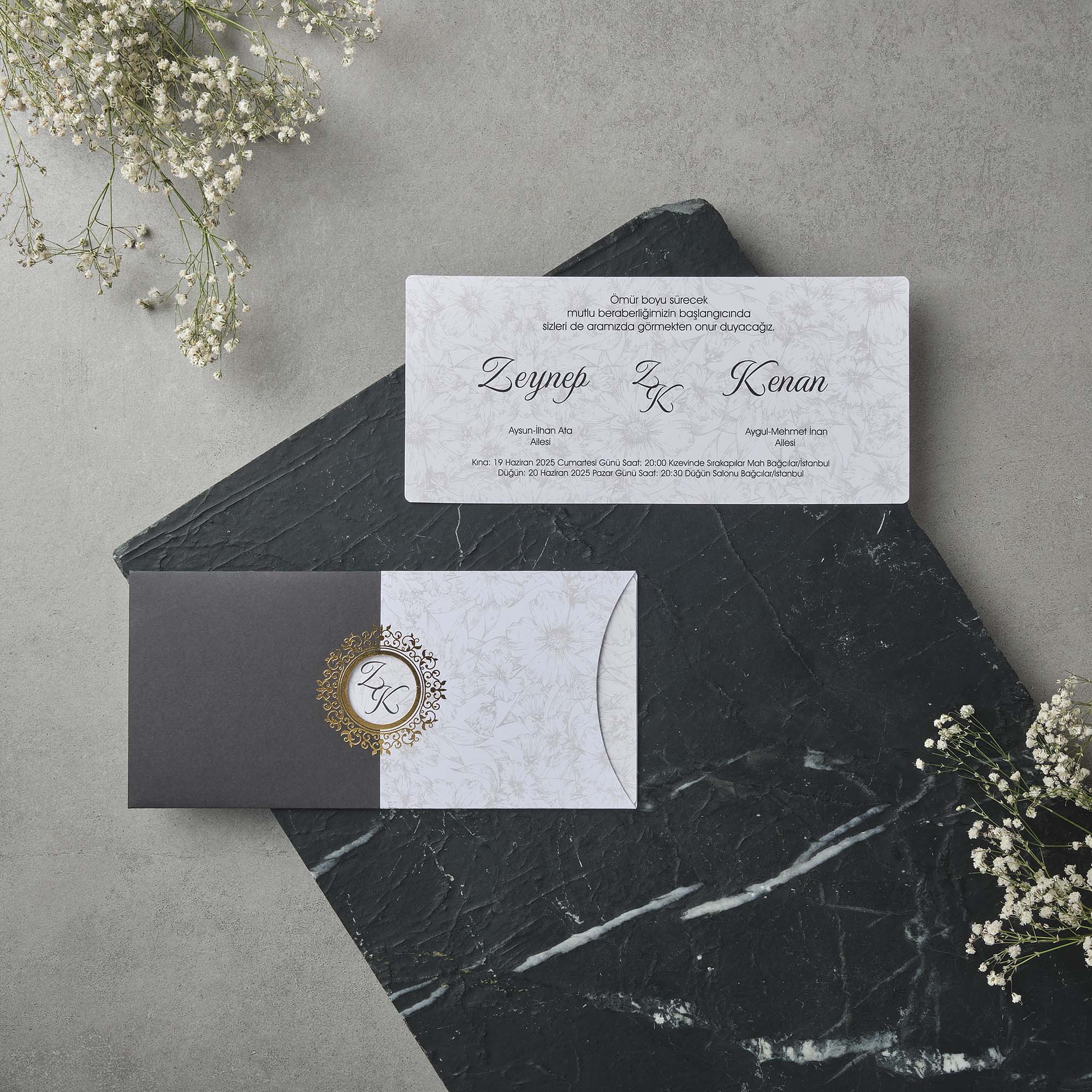Charcoal Envelope Wedding Invitation with Floral Pattern