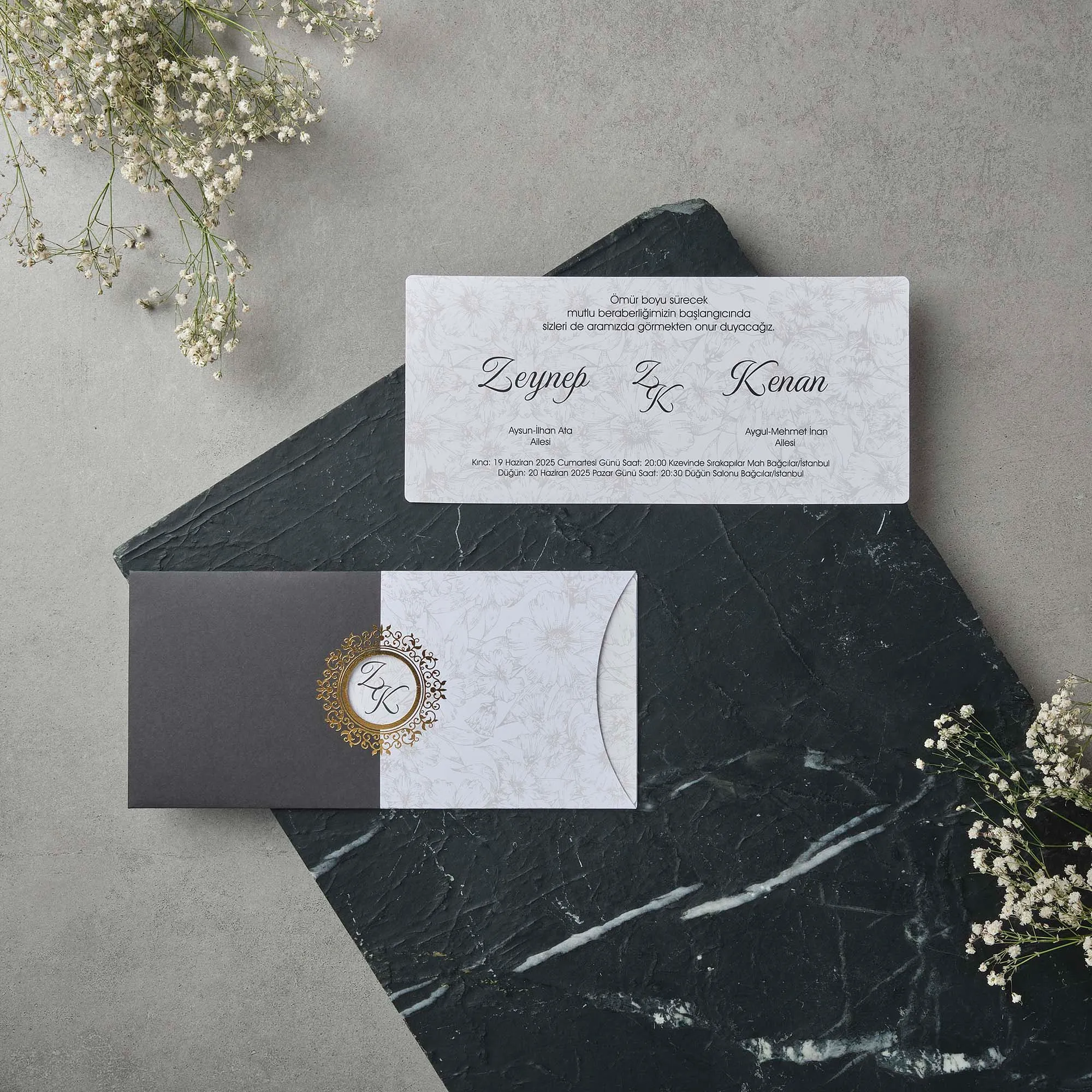 Charcoal Envelope Wedding Invitation with Floral Pattern