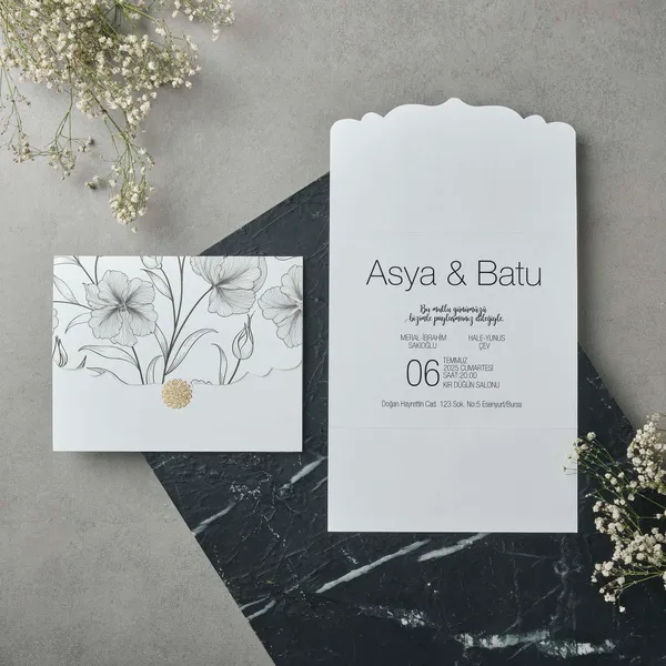 Scalloped Edge Wedding Invitation with Botanical Line Art