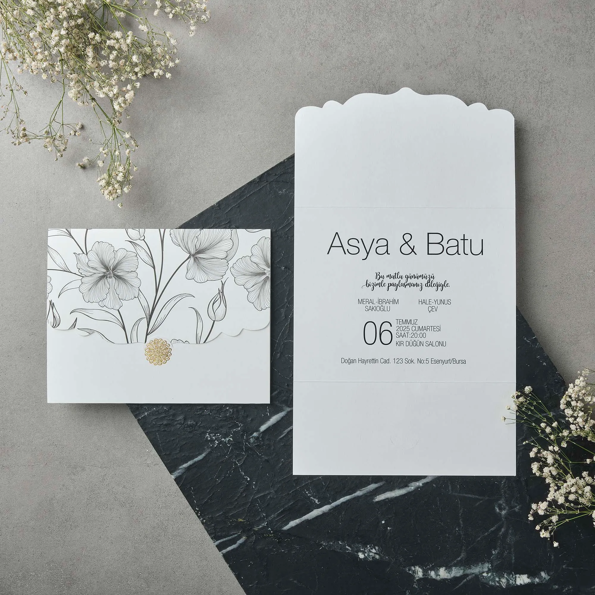 Scalloped Edge Wedding Invitation with Botanical Line Art