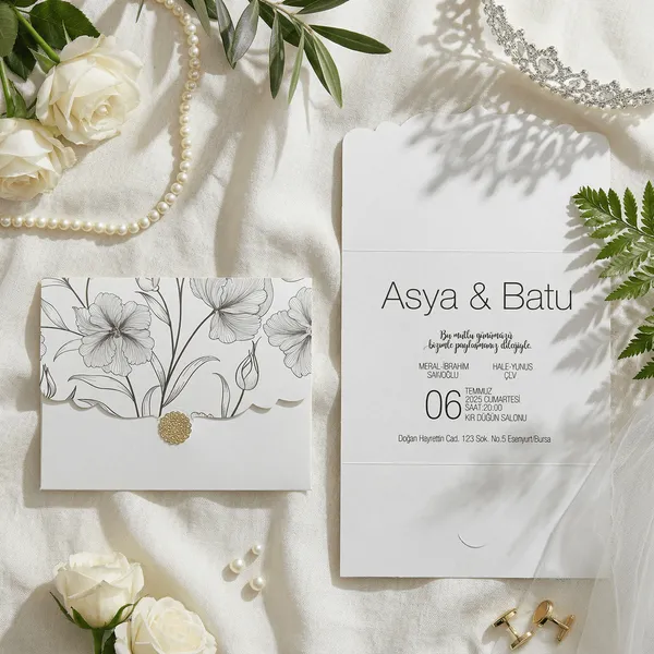 Scalloped Edge Wedding Invitation with Botanical Line Art