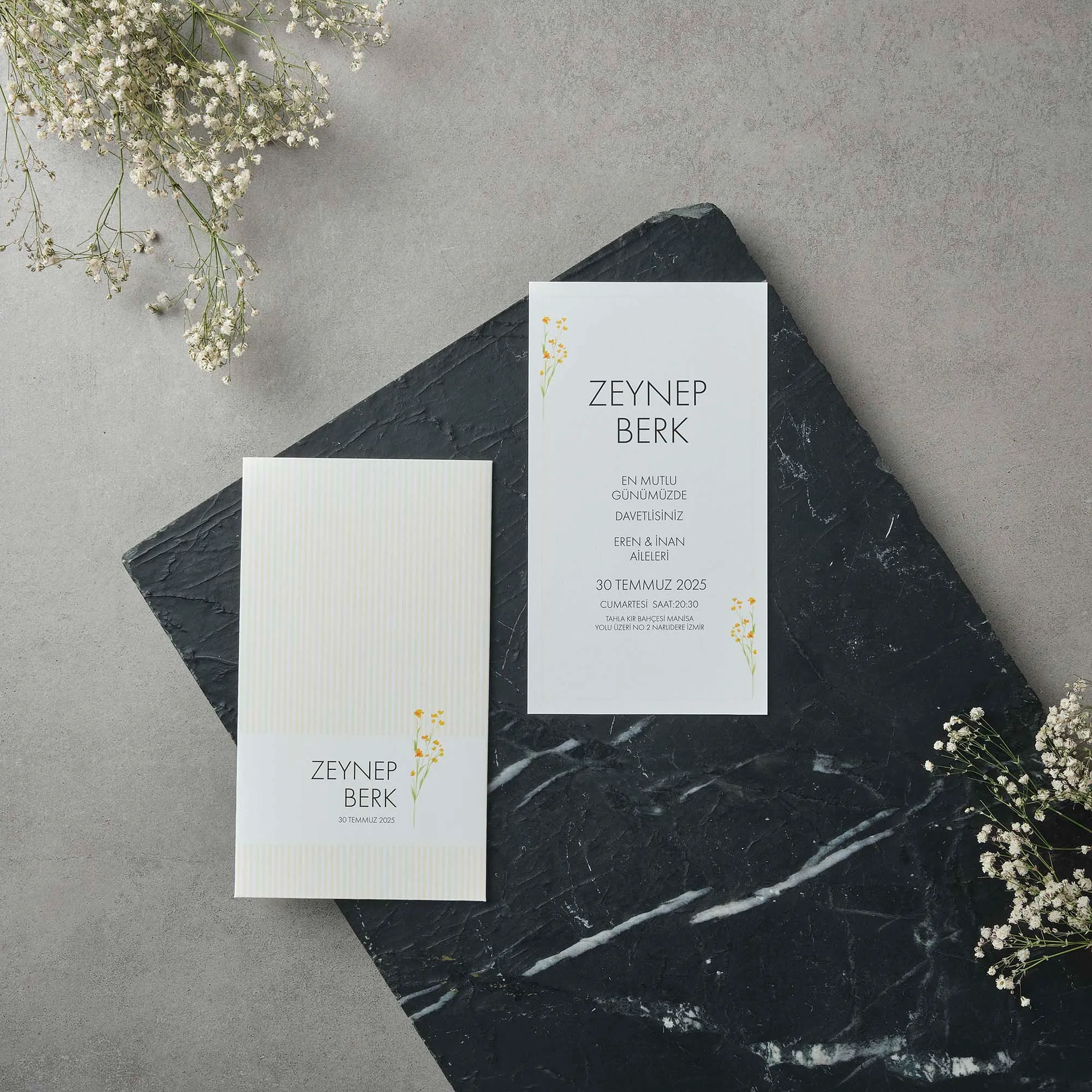 Striped Pattern Wedding Invitation with Yellow Wildflowers