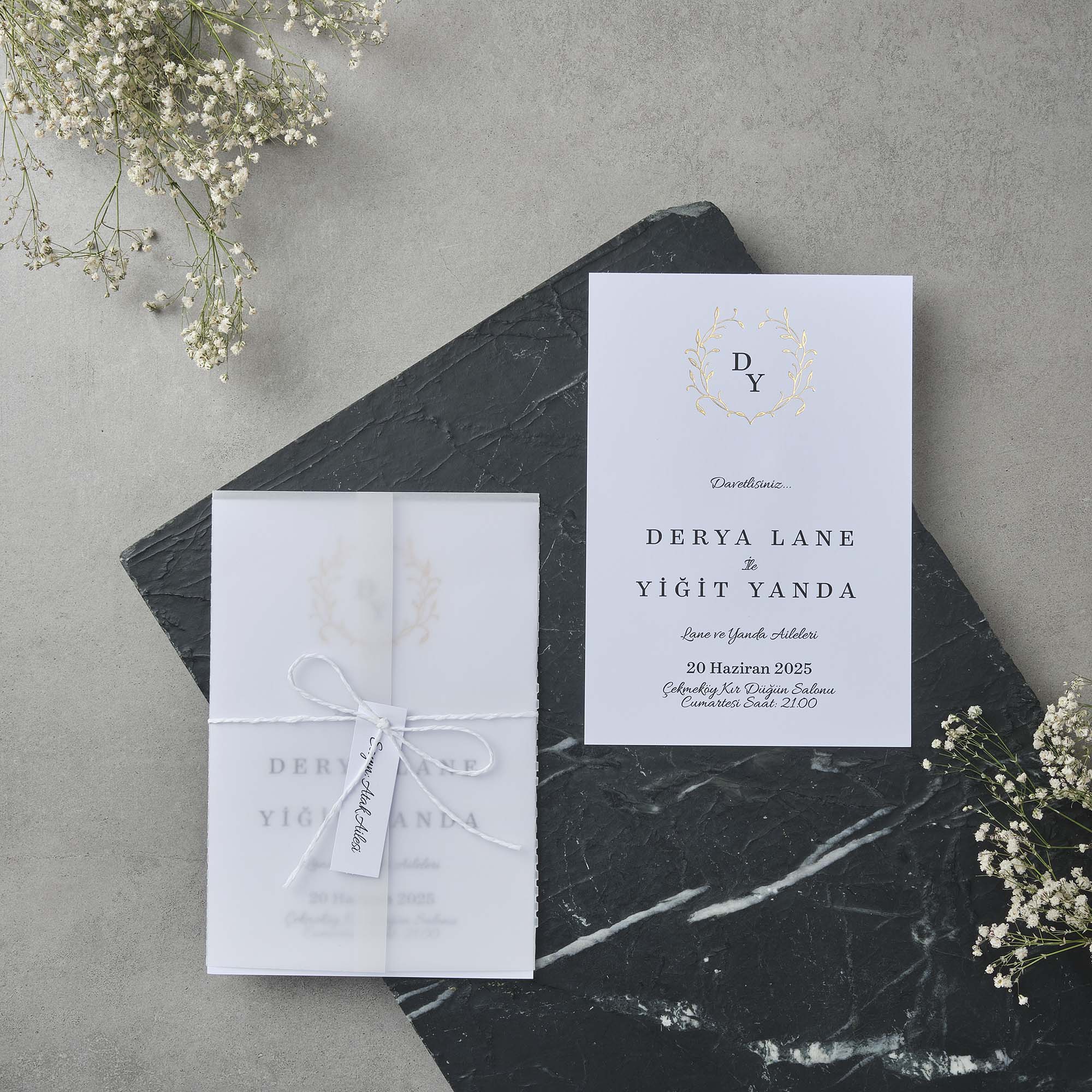 Vellum Overlay Wedding Invitation with Gold Laurel Wreath