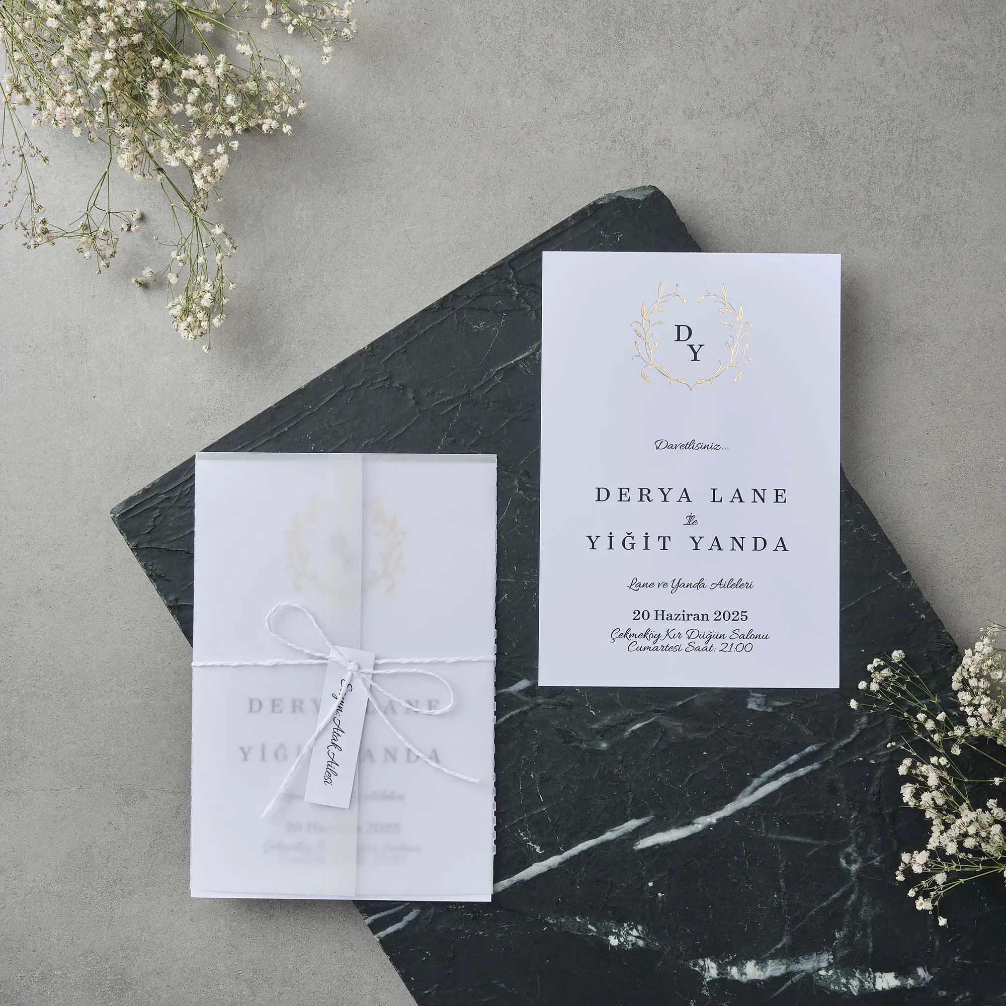 Vellum Overlay Wedding Invitation with Gold Laurel Wreath