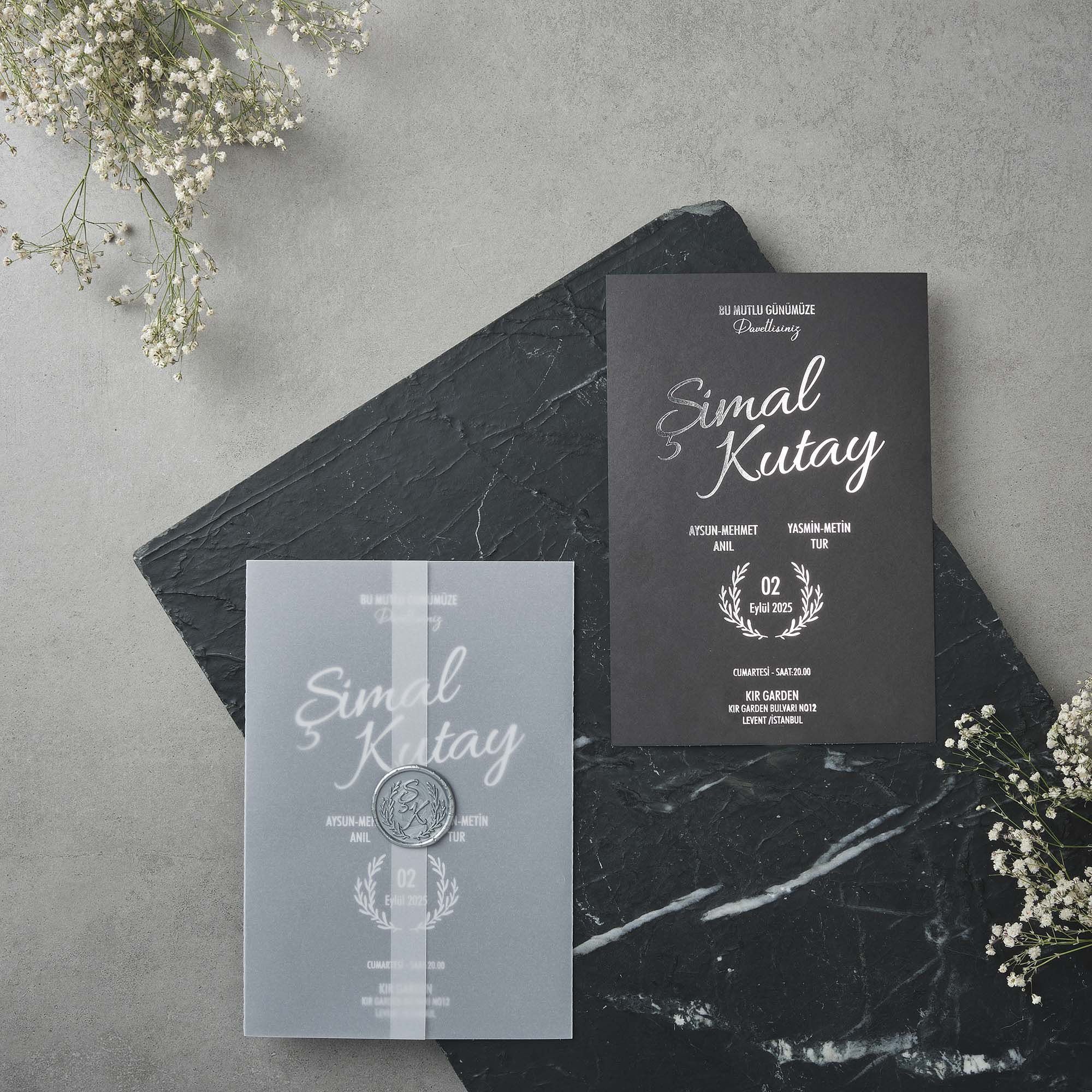 Charcoal Wedding Invitation with Vellum Overlay and Wax Seal