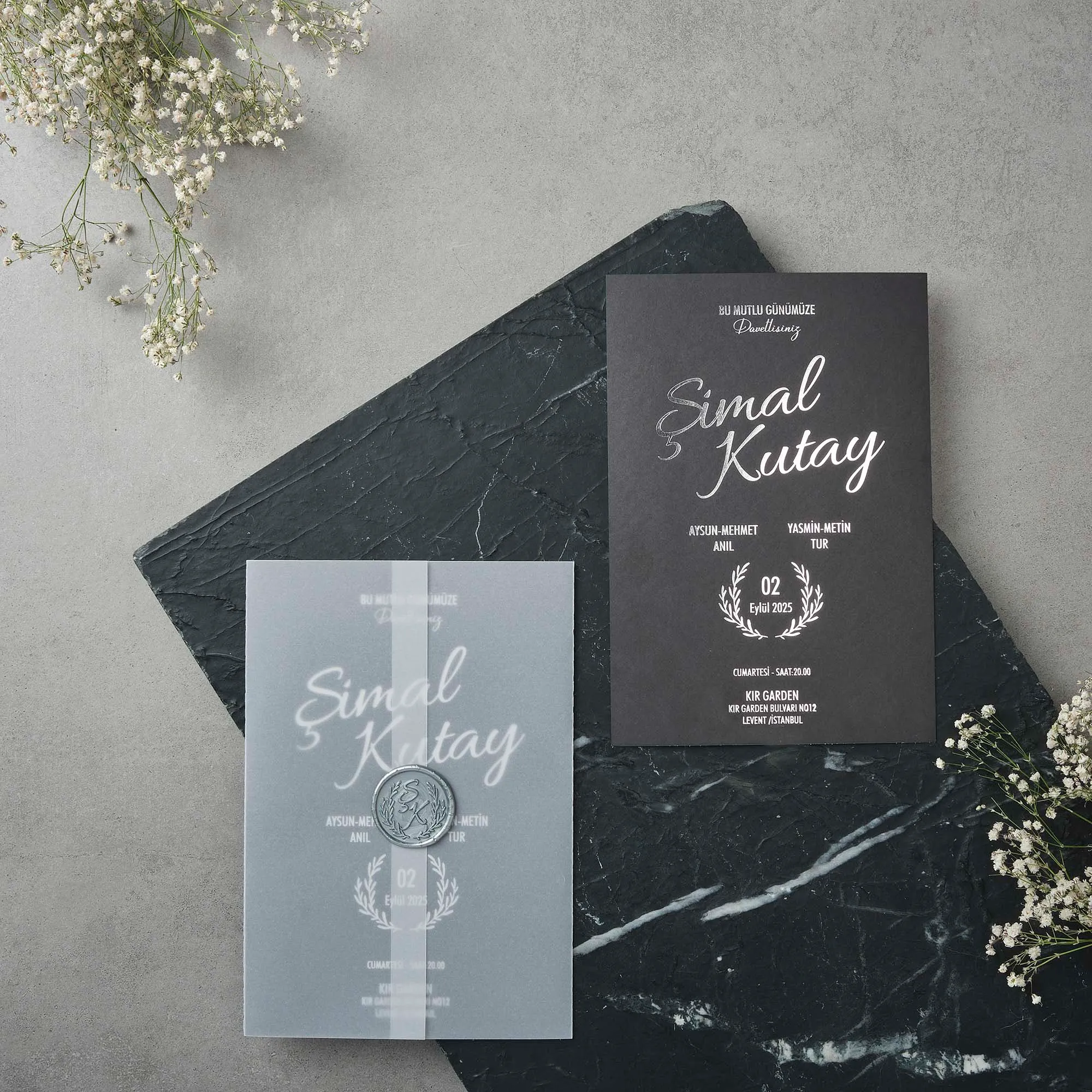 Charcoal Wedding Invitation with Vellum Overlay and Wax Seal